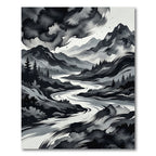 Monochrome Ink Wash Mountain River Landscape Rug