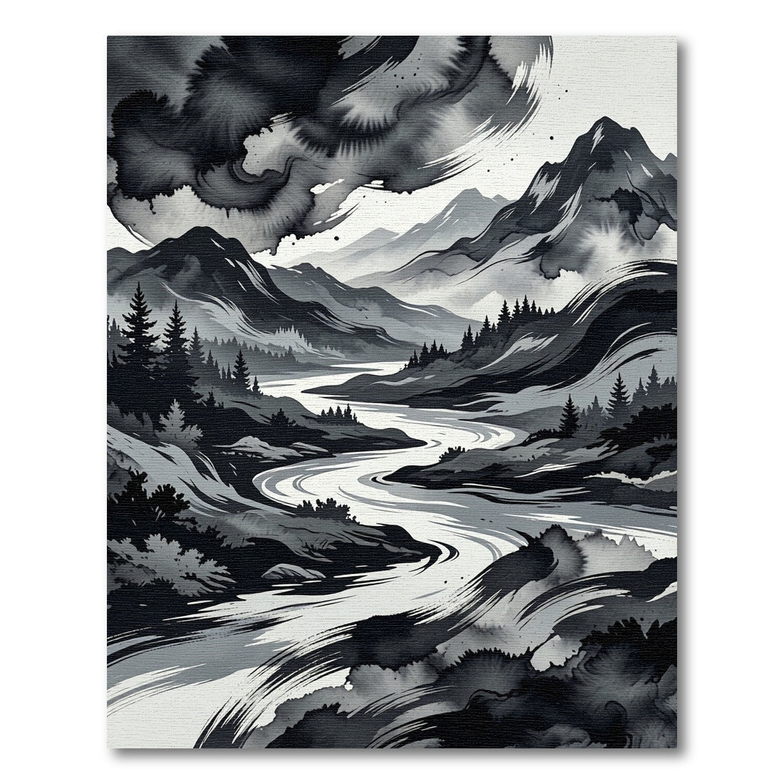Monochrome Ink Wash Mountain River Landscape Rug