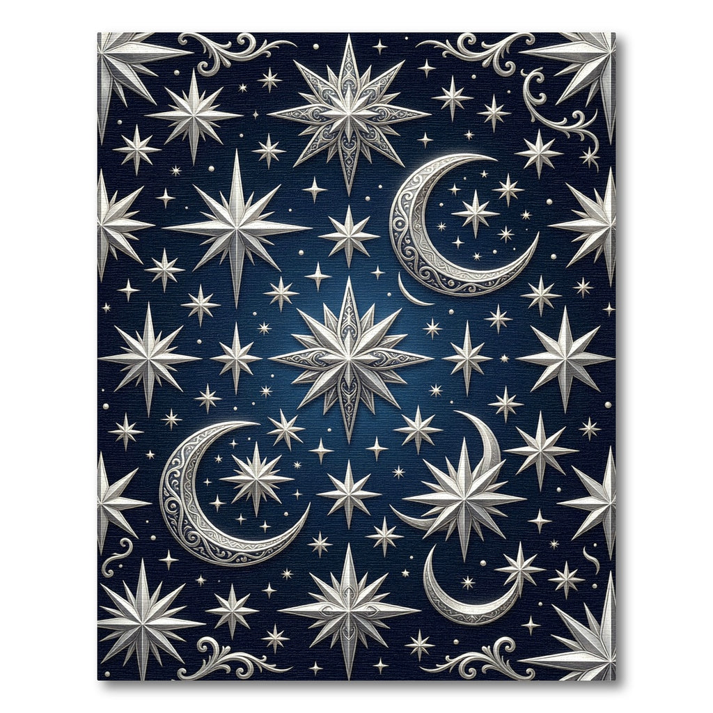 Celestial Silver Crescent and Star Night Rug