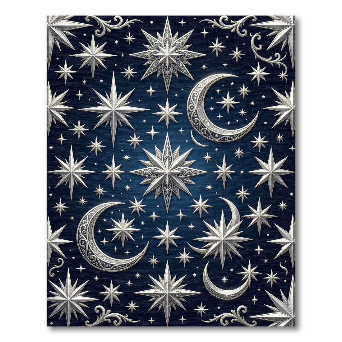 Celestial Silver Crescent and Star Night Rug