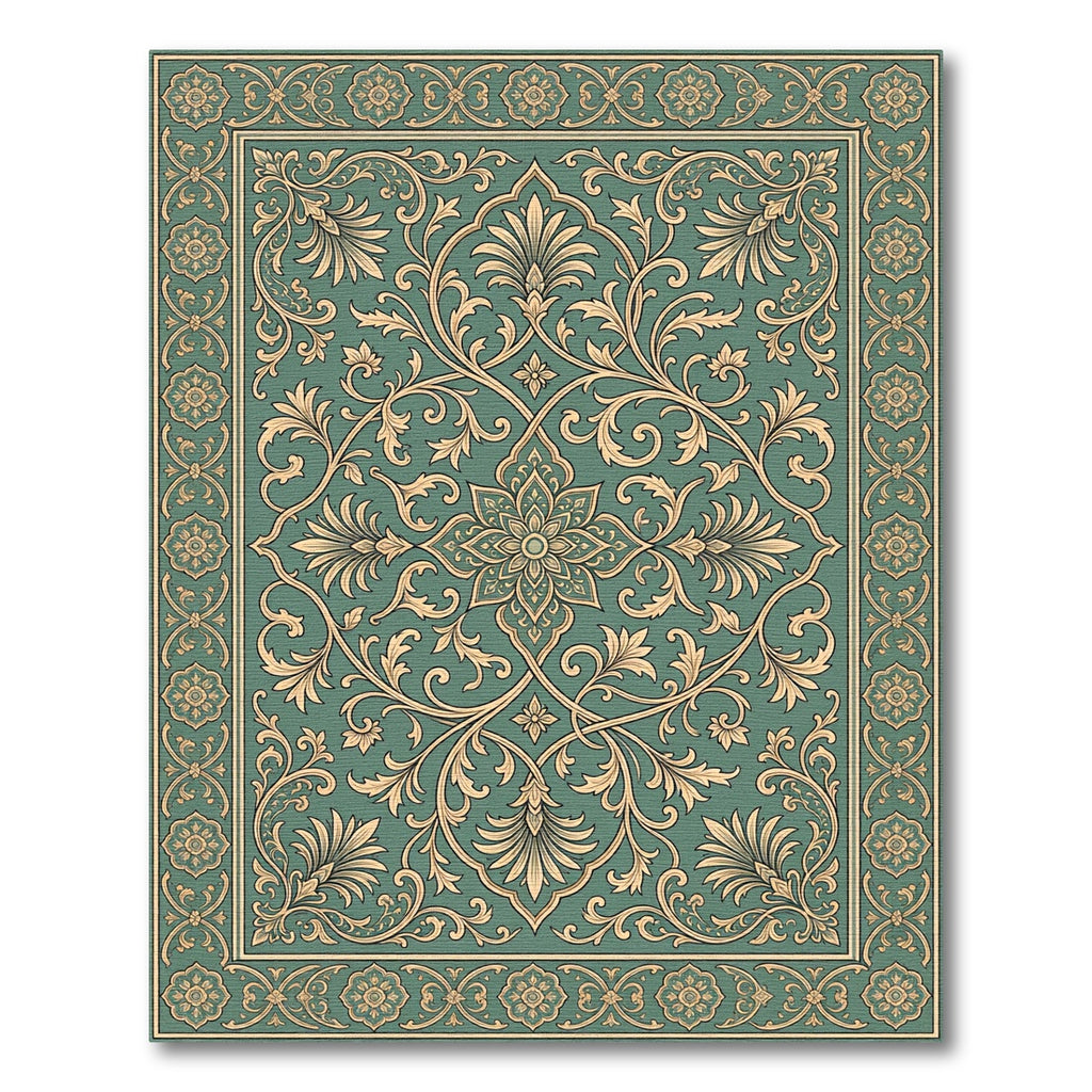 Elegant Sage Floral Scroll Medallion Rug