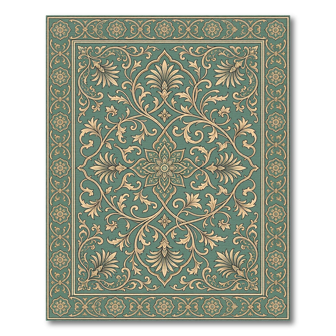 Elegant Sage Floral Scroll Medallion Rug
