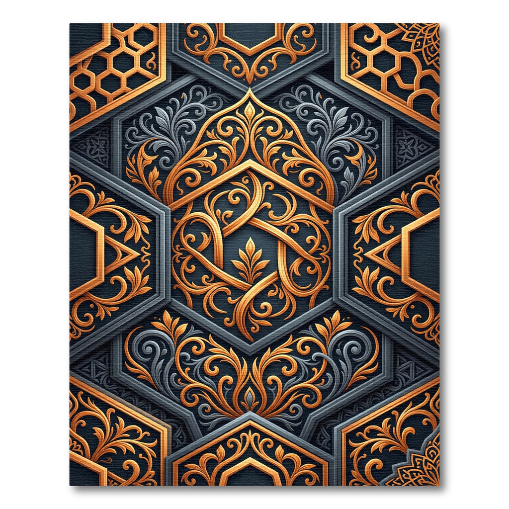 Ornate Golden Hexagonal Arabesque Rug