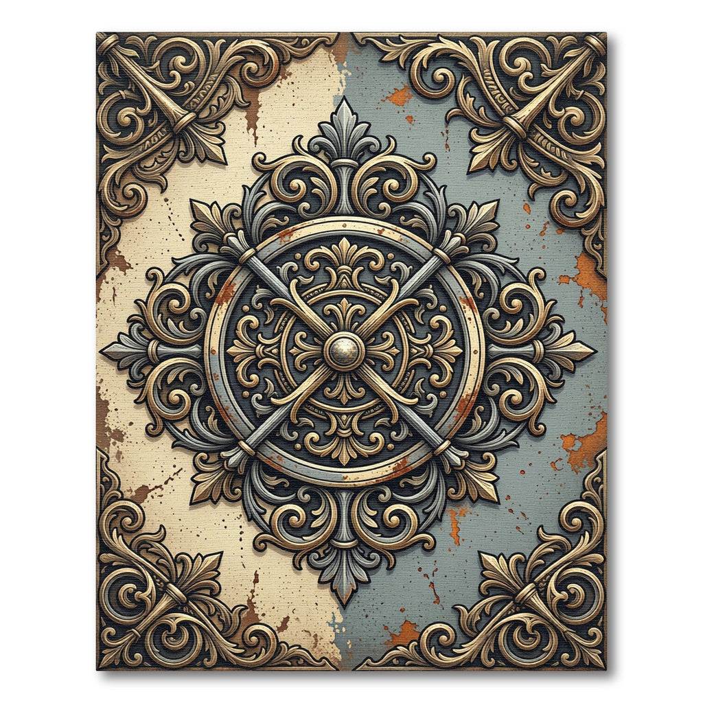 Ornate Bronze Metallic Filigree Medallion Rug