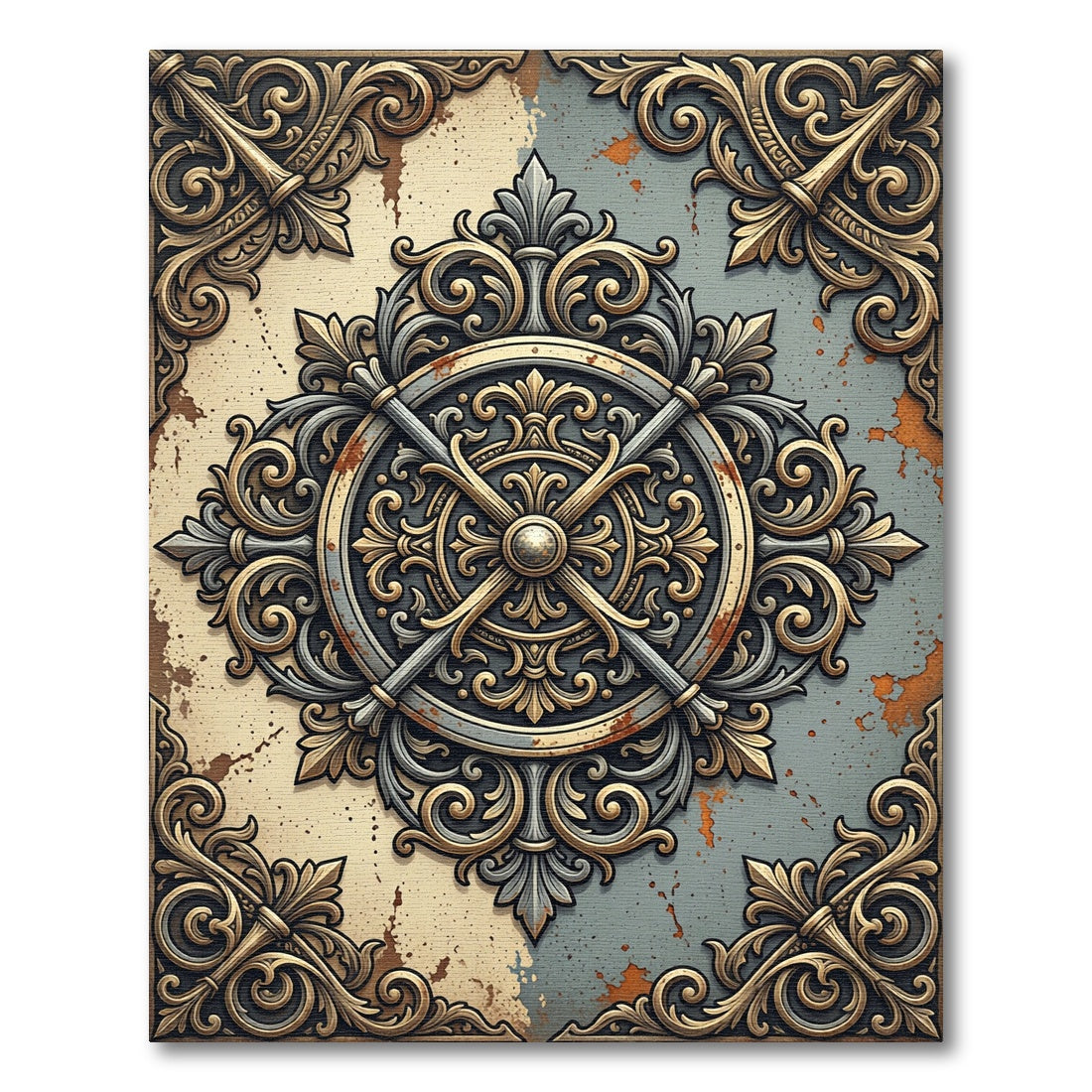 Ornate Bronze Metallic Filigree Medallion Rug