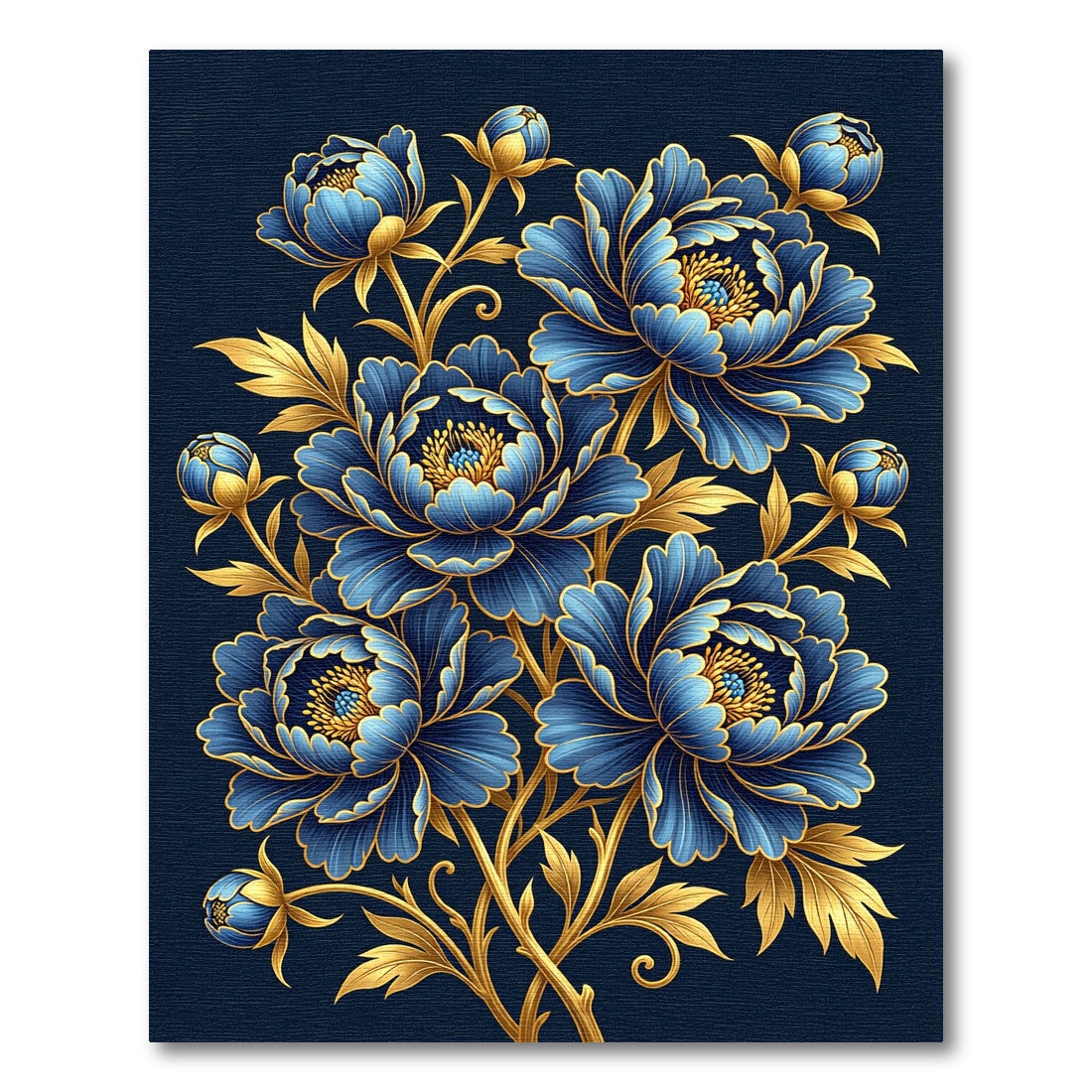 Elegant Golden Floral Indigo Peony Art Rug