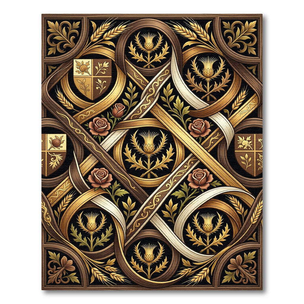 Regal Gold Thistle Rose Shield Scroll Rug
