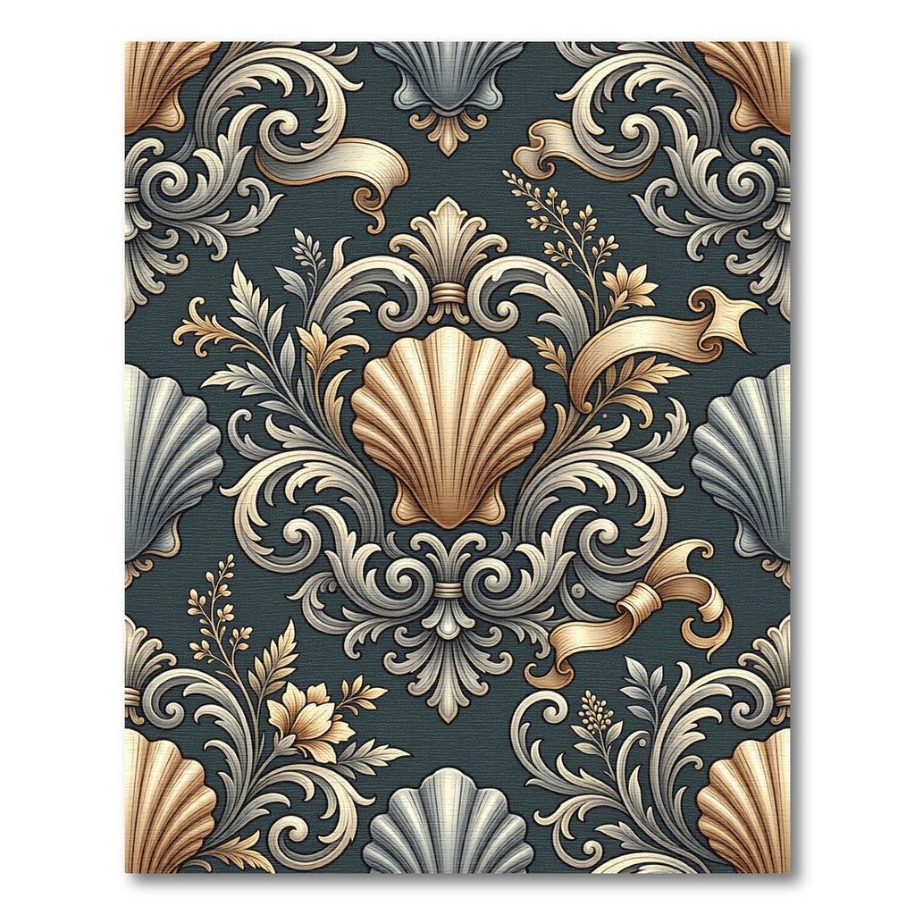 Elegant Golden Shell Baroque Damask Rug