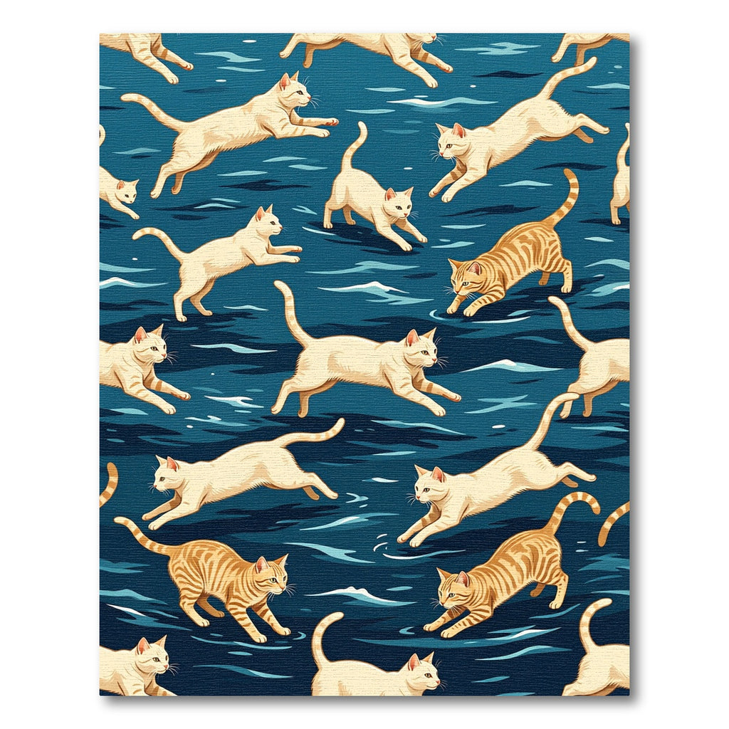 Playful Cream Feline Blue Waves Rug