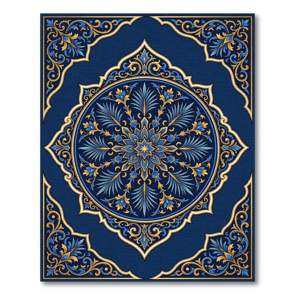 Royal Navy Gold Ornate Floral Medallion Rug