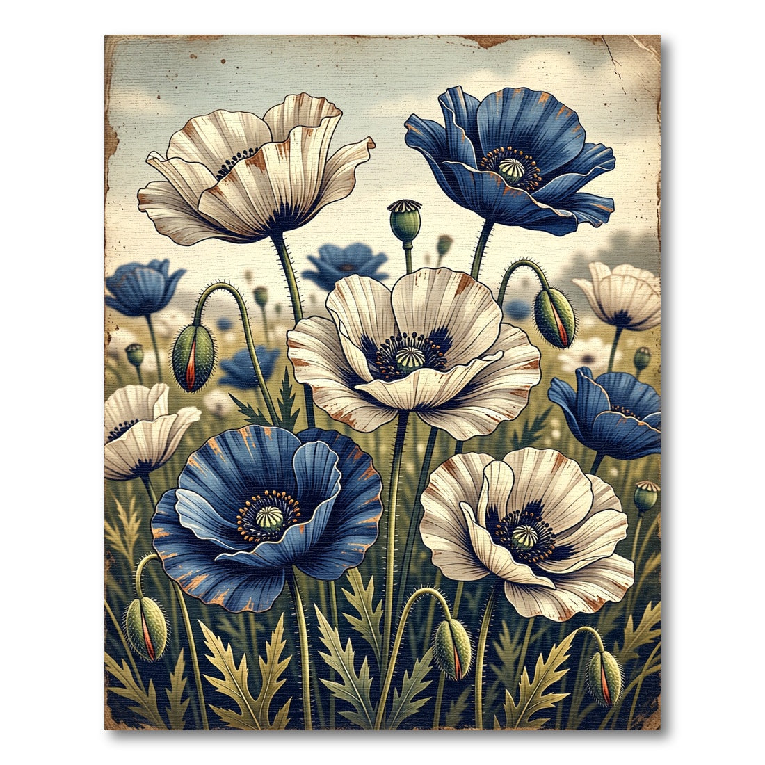 Vintage Blue and White Poppy Field Rug