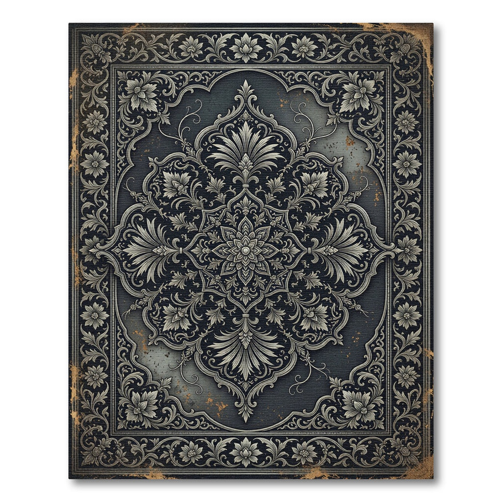 Ornate Gray Floral Scrollwork Medallion Rug