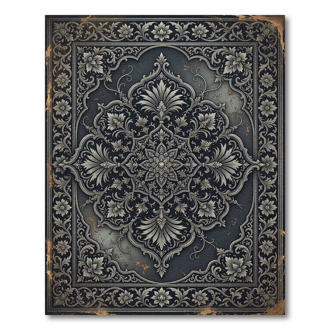 Ornate Gray Floral Scrollwork Medallion Rug