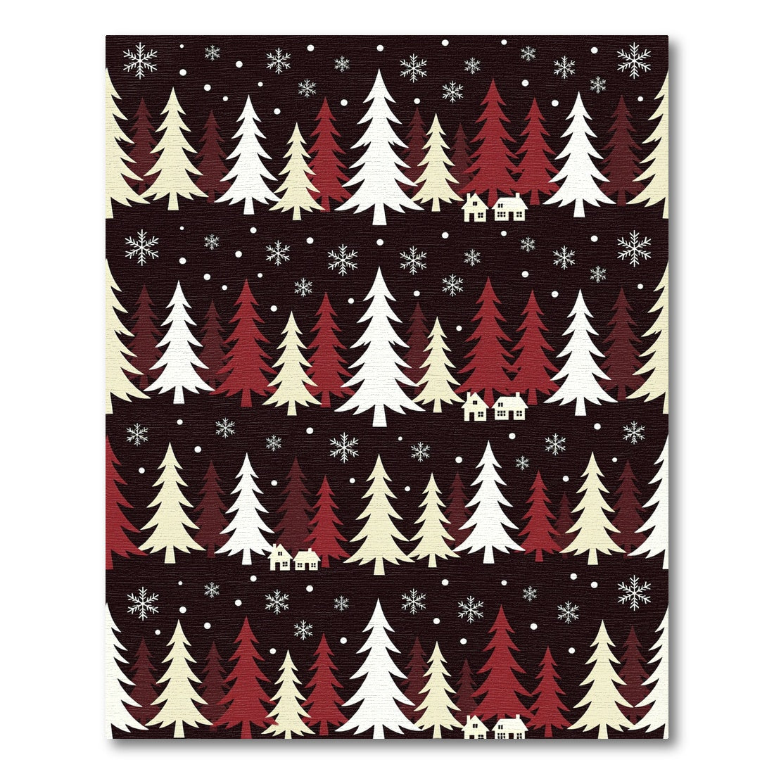 Crimson White Snowfall Village Trees Rug