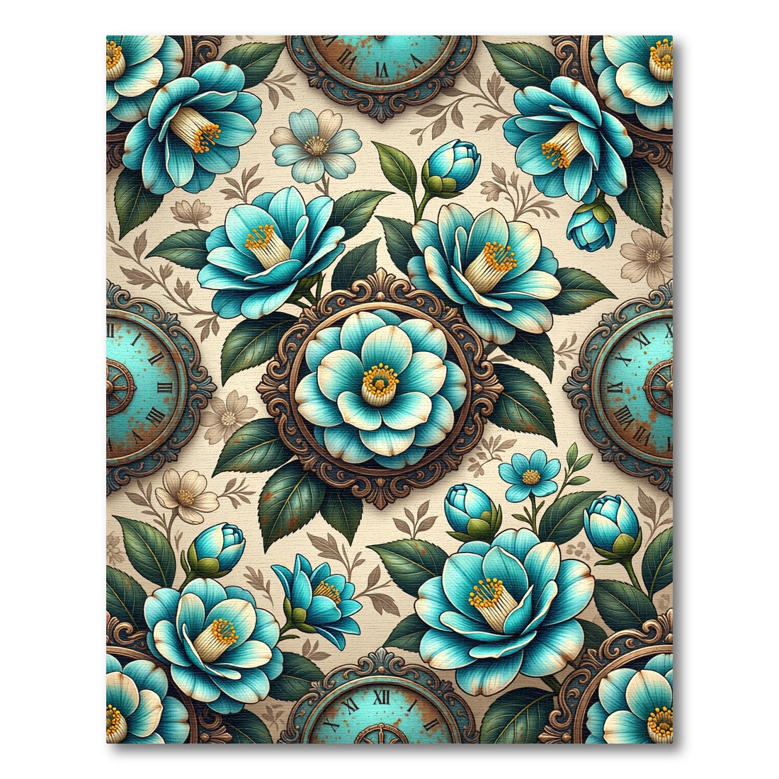 Aqua Camellia Garden Frame Medallion Rug