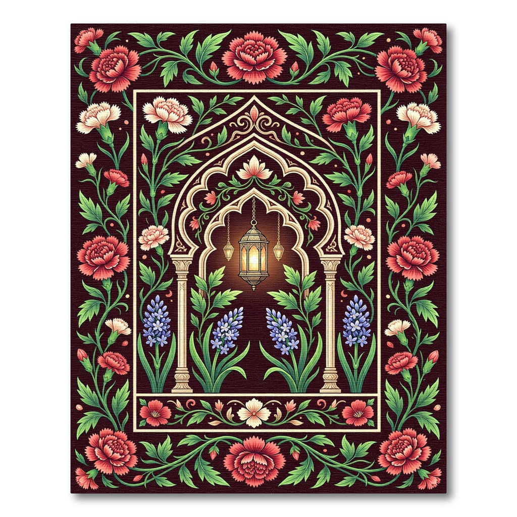 Ornate Lantern Floral Arch Crimson Rug