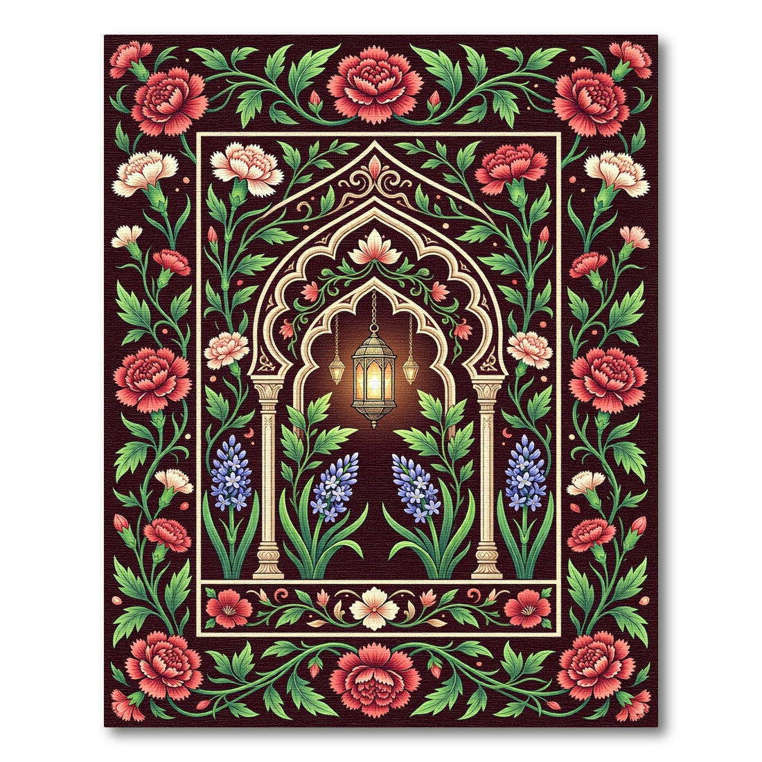 Ornate Lantern Floral Arch Crimson Rug