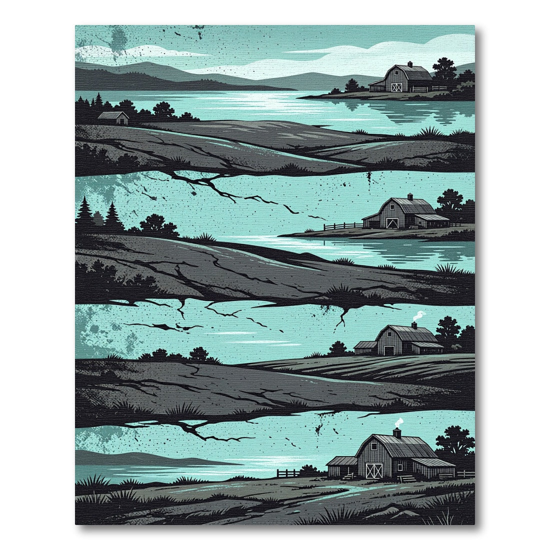 Serene Teal Farmhouse Landscape Scene Rug