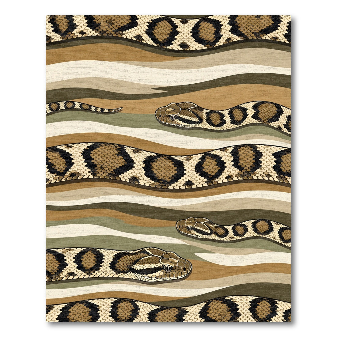 Slithering Reptilian Snakes on Wavy Earth Tones Rug