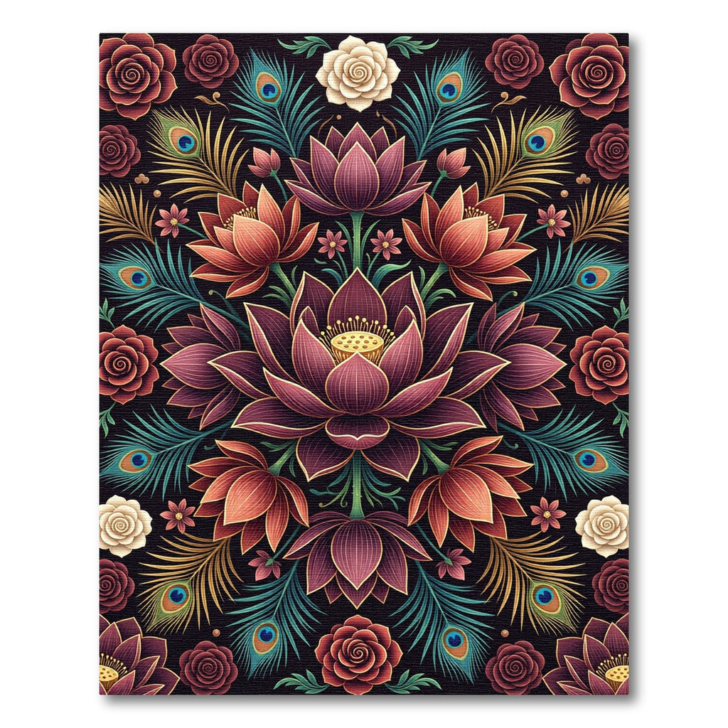 Lotus Floral Peacock Feather Symmetry Rug