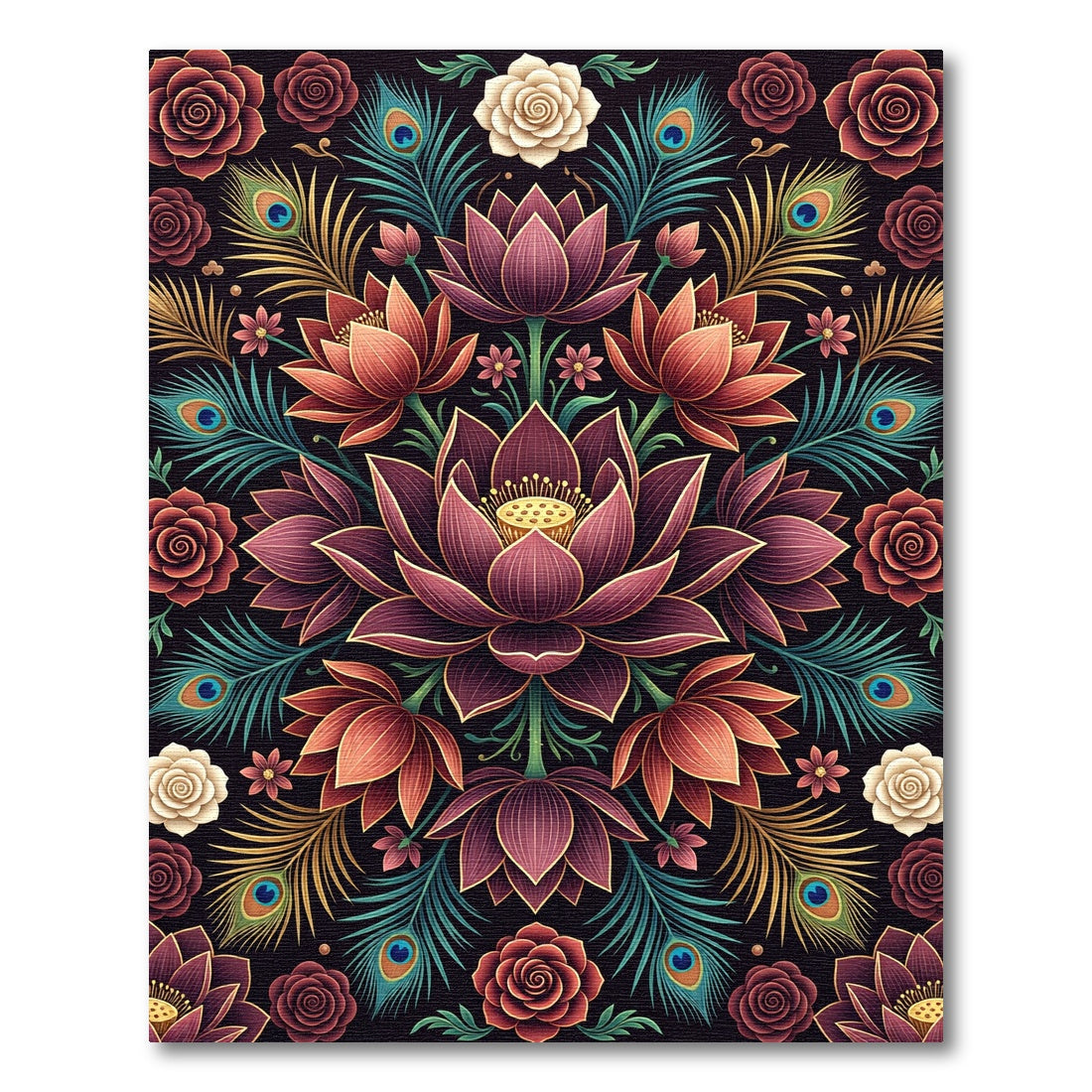 Lotus Floral Peacock Feather Symmetry Rug