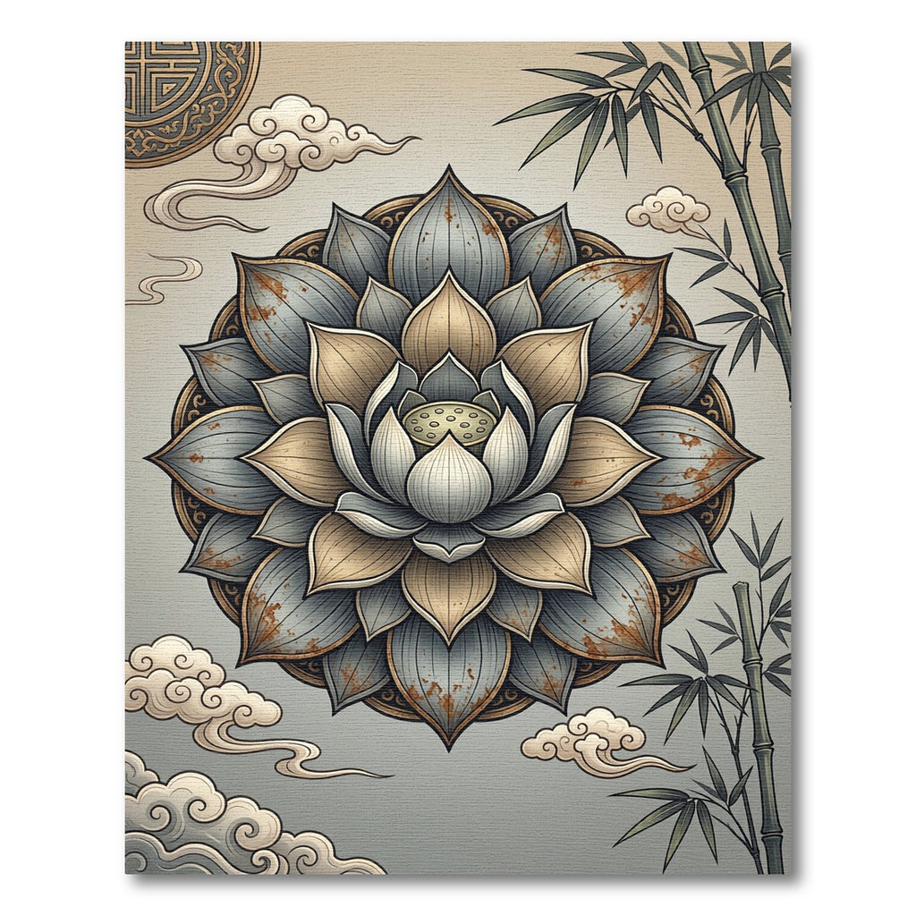 Zen Lotus Bamboo Medallion Gray Gold Rug
