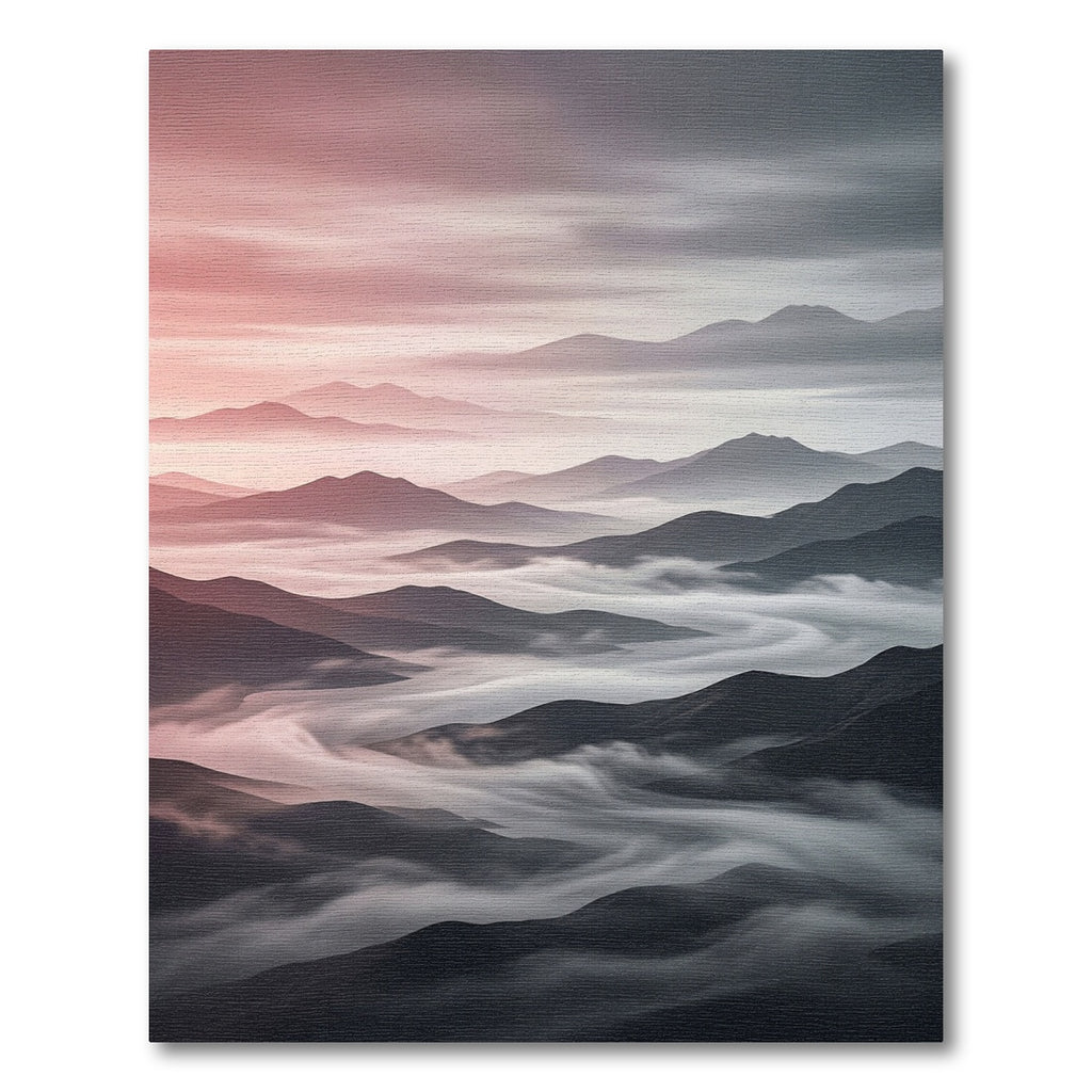 Misty Mountain Landscape with Soft Sunrise Hues Rug