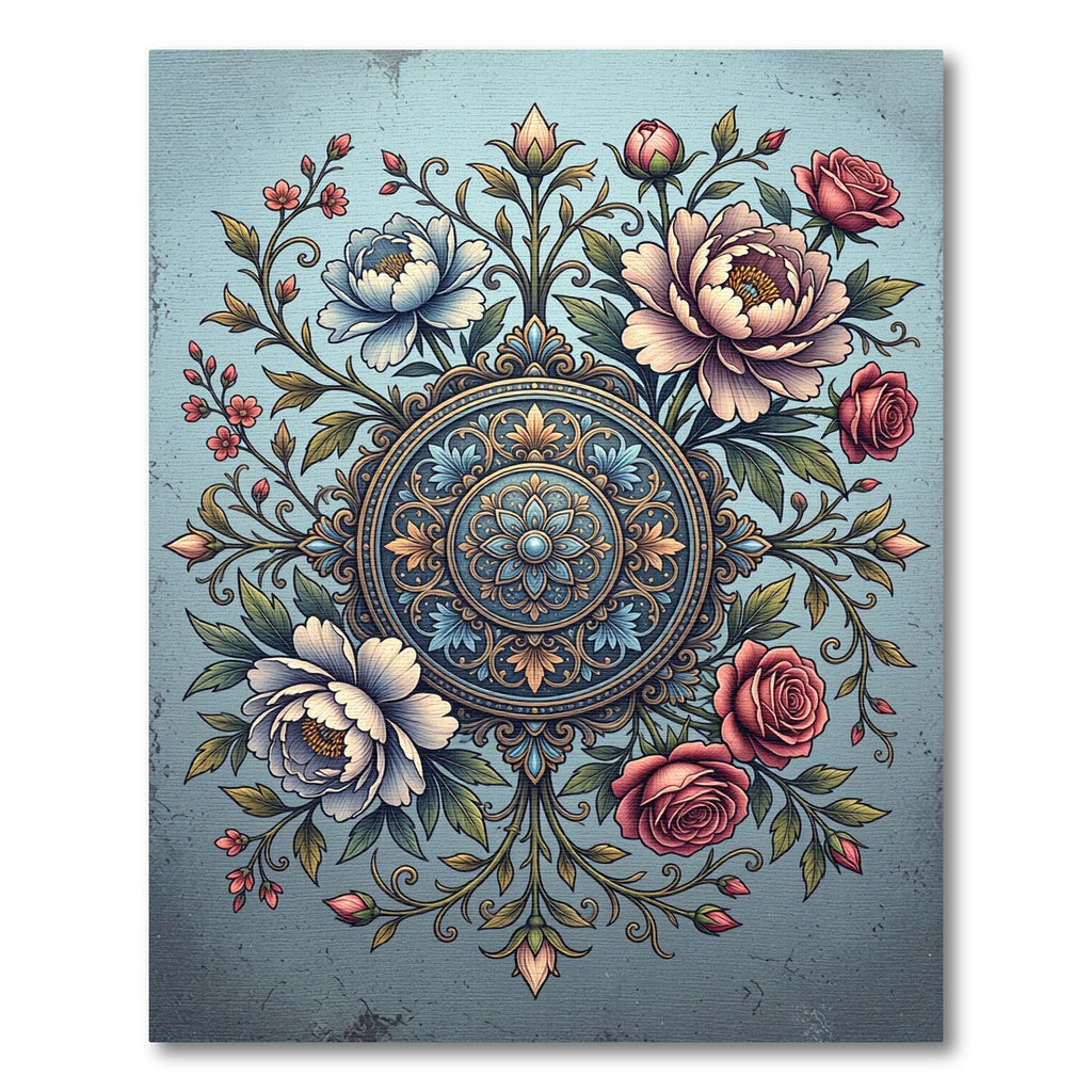 Elegant Blue Floral Medallion Rose Garden Rug