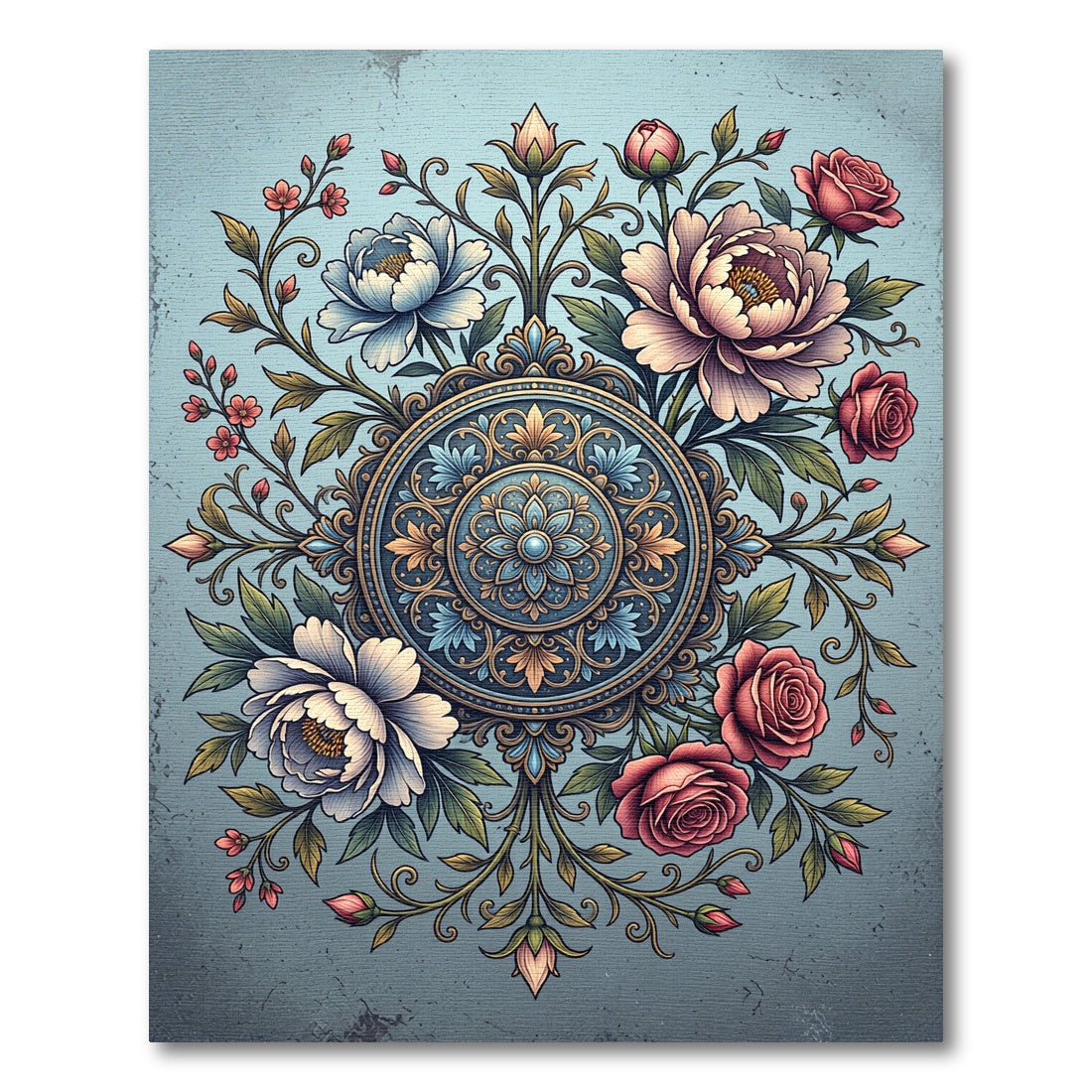 Elegant Blue Floral Medallion Rose Garden Rug
