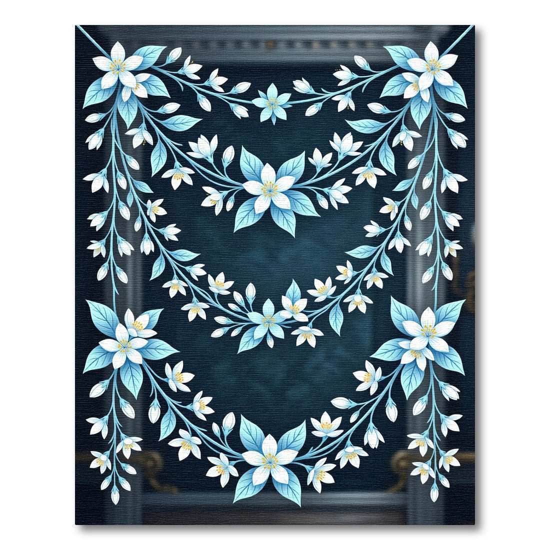 Elegant Blue Floral Garlands on Navy Rug