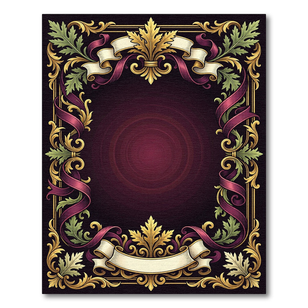 Ornate Gold Burgundy Ribbon Foliage Frame Rug