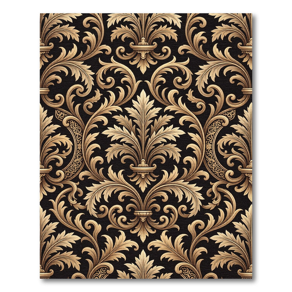 Golden Baroque Scroll Damask Black Rug