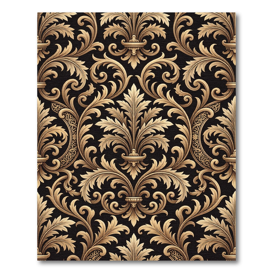 Golden Baroque Scroll Damask Black Rug