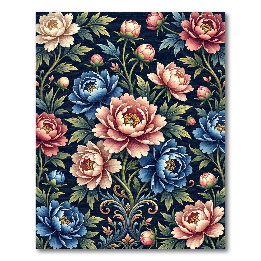 Blooming Peony Floral Navy Botanical Art Rug