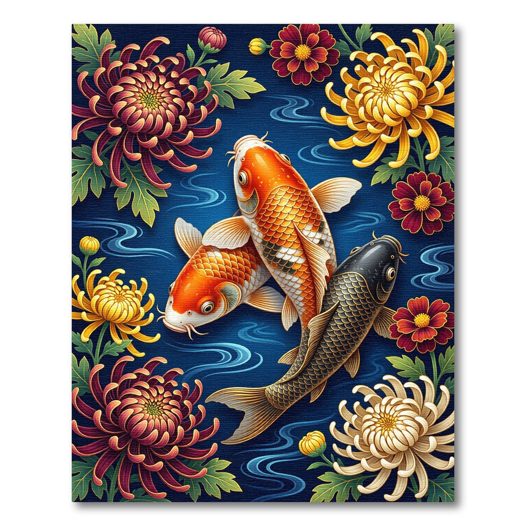 Golden Koi and Chrysanthemum Floral Navy Rug