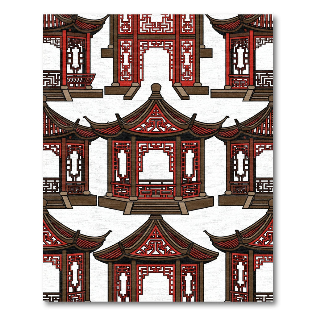 Red Brown Pagoda Architecture Pattern Rug