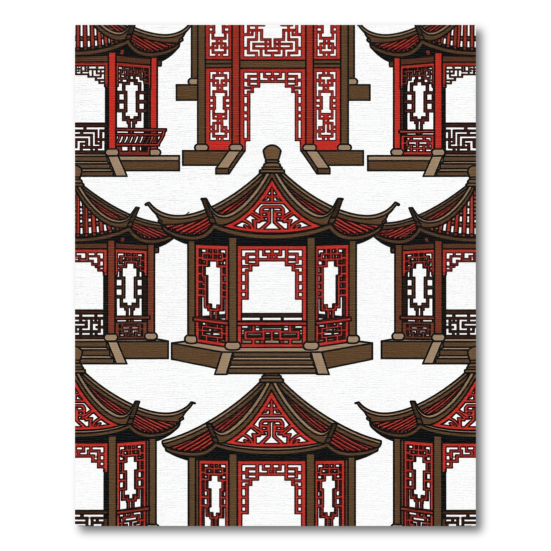 Red Brown Pagoda Architecture Pattern Rug