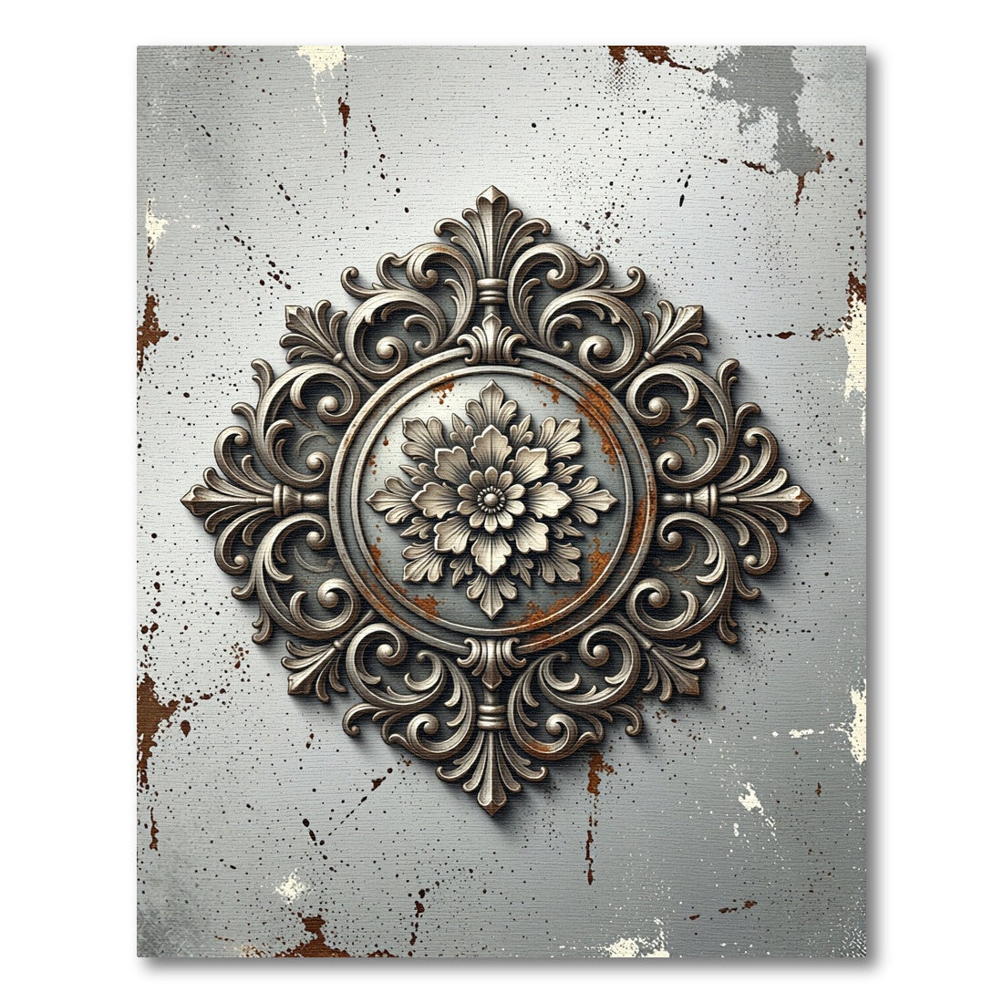 Ornate Antique Silver Floral Medallion Rug
