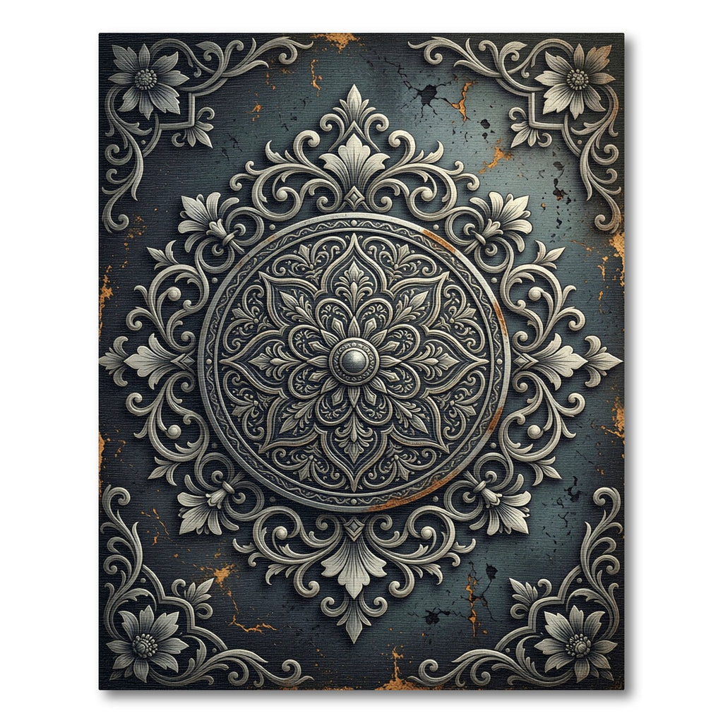 Ornate Charcoal Silver Floral Medallion Rug