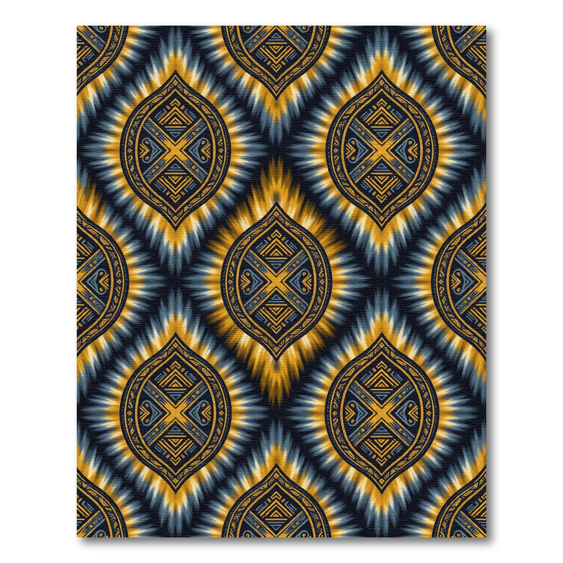 Golden Blue Tribal Sunburst Medallion Rug
