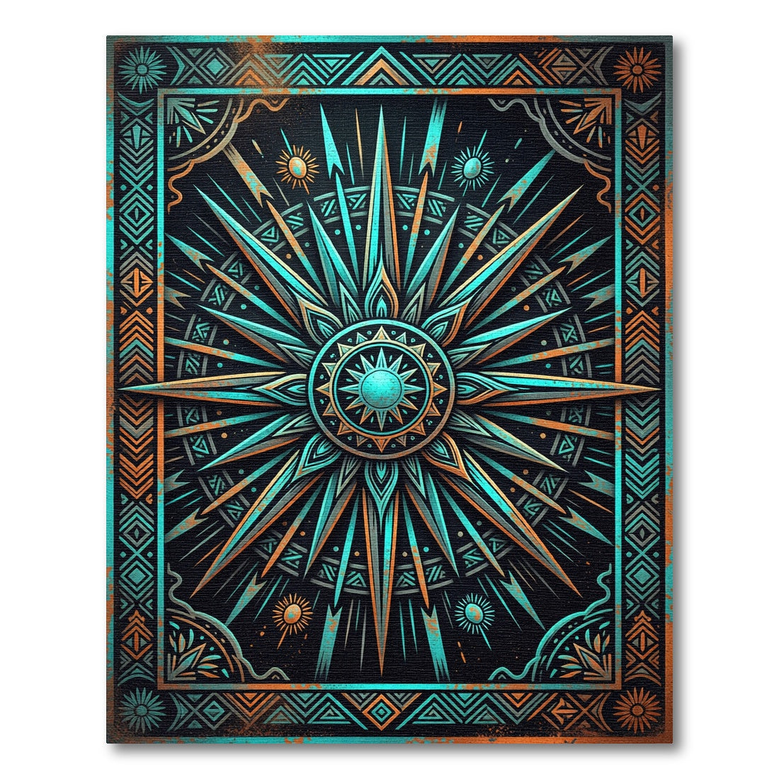 Celestial Teal and Copper Compass Medallion Rug
