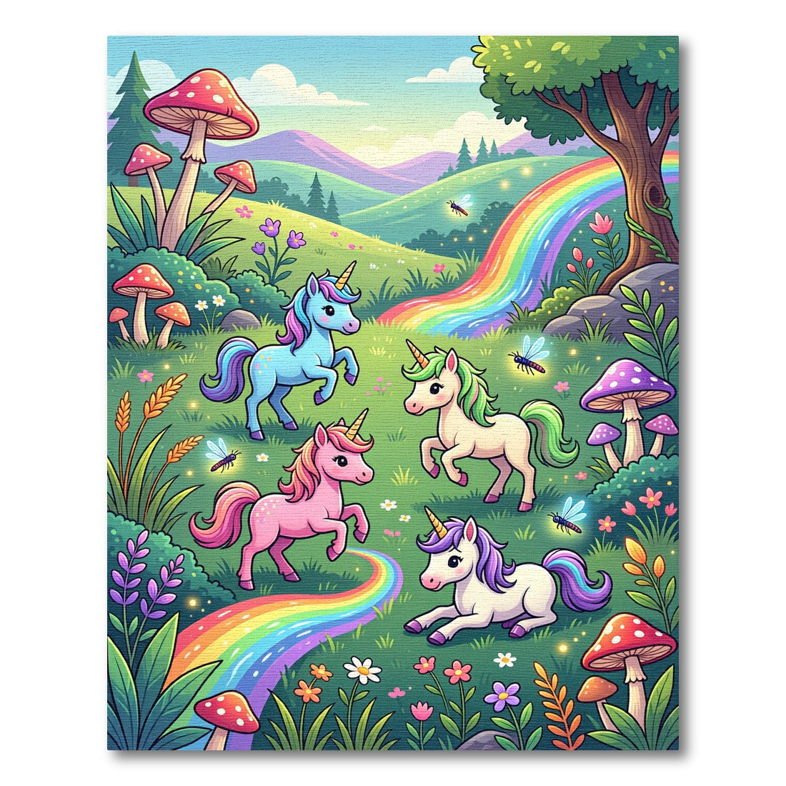 Whimsical Pastel Unicorn Rainbow Meadow Rug