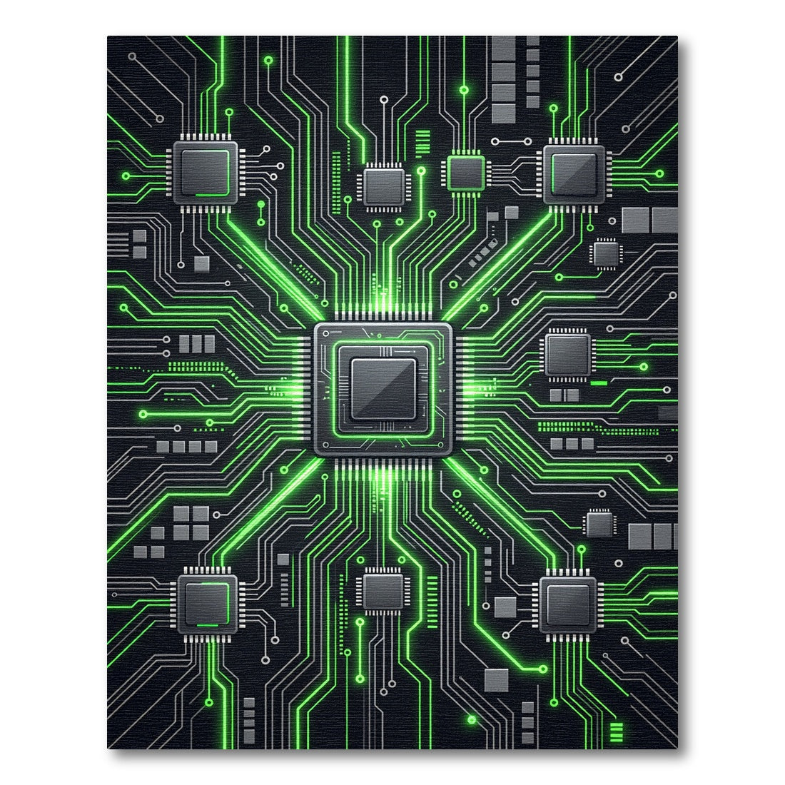 Futuristic Neon Green Circuit Board Grid Rug