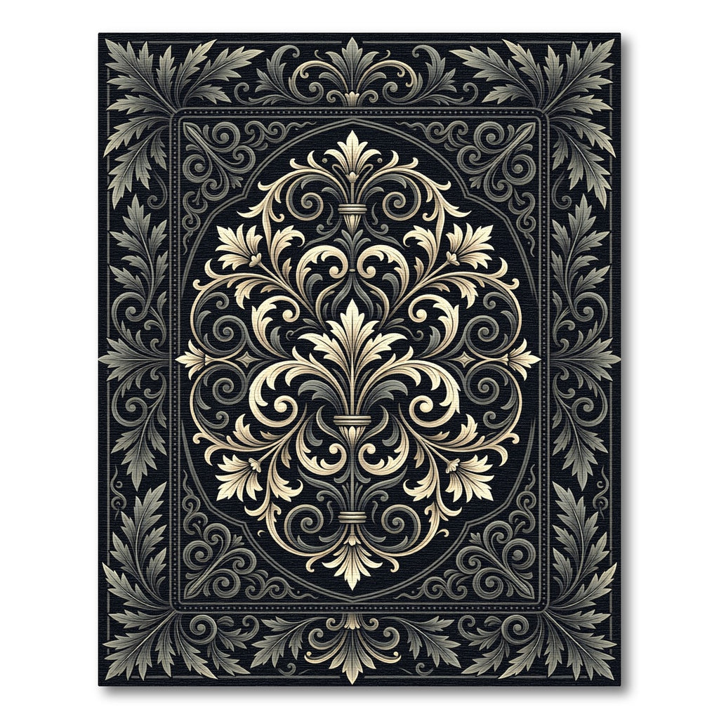 Ornate Black and Gold Acanthus Leaf Rug
