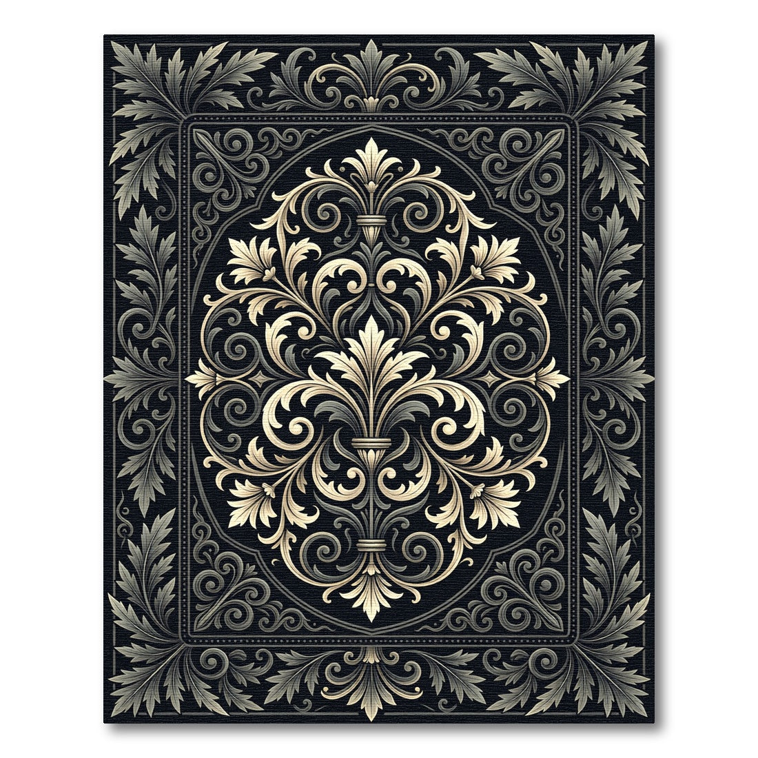 Ornate Black and Gold Acanthus Leaf Rug