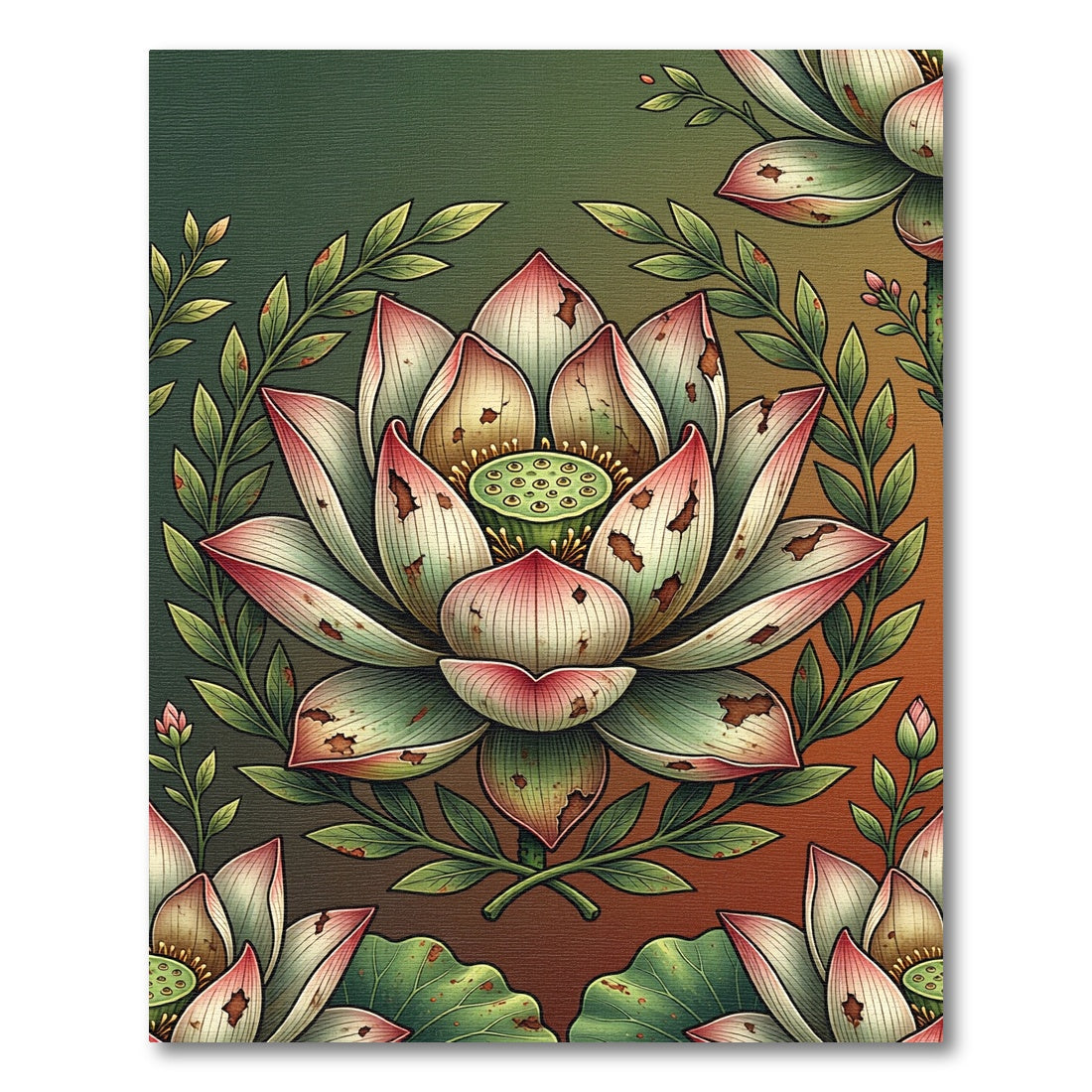 Distressed Pink Lotus Botanical Illustration Rug