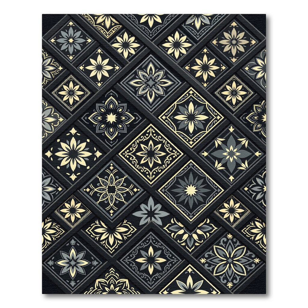 Dark Gray Gold Floral Medallion Tiles Rug