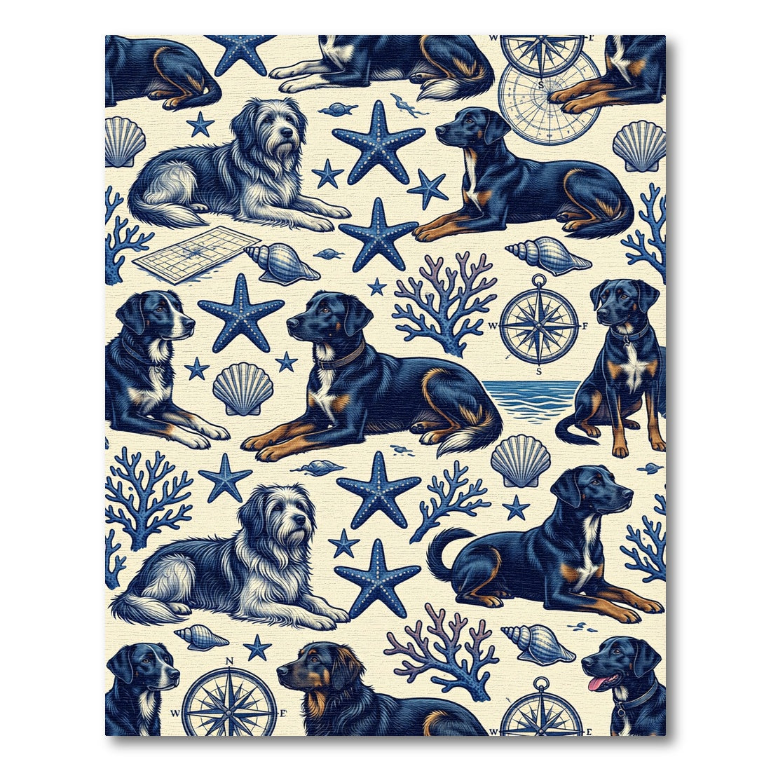 Nautical Navy Dog and Starfish Illustration Rug