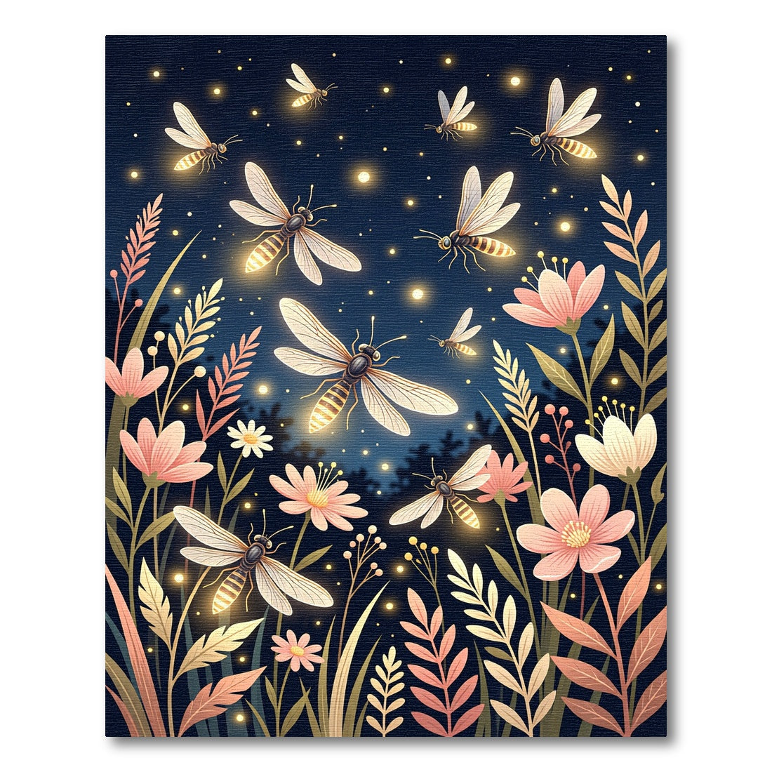 Luminous Firefly and Glowing Floral Field Rug