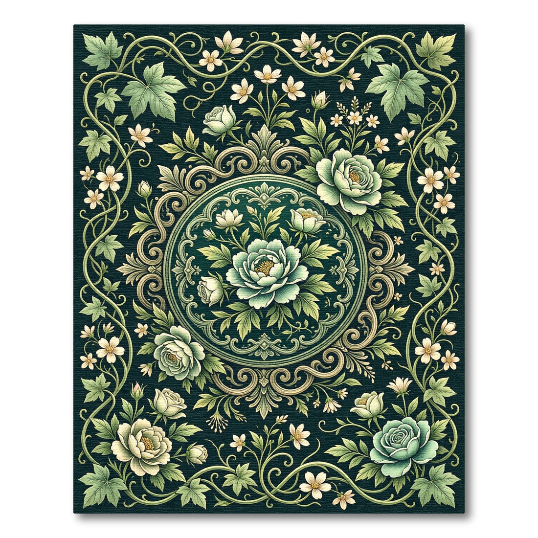 Elegant Sage Botanical Floral Medallion Rug